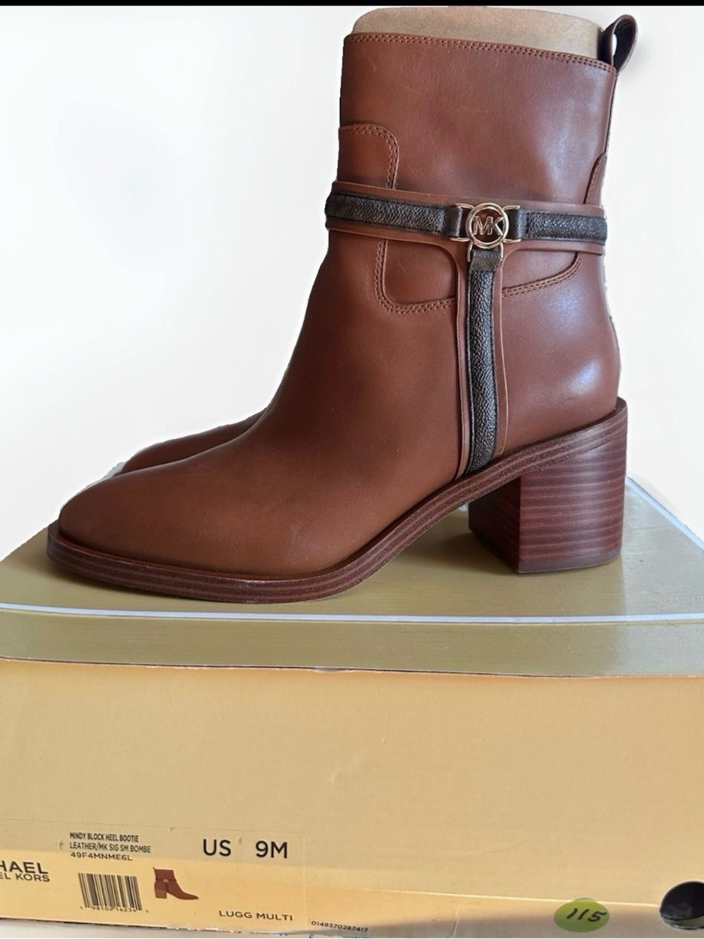New Michael Michael Kors Leather Mindy Block Heel Boots with MK Accent 9